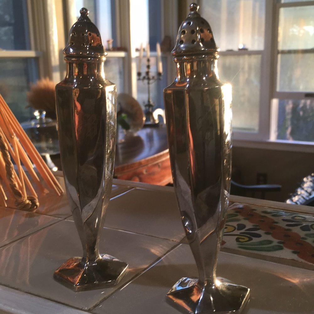 Sheridan silver salt and pepper. B engraved